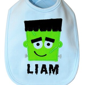 Embroidered Baby Boy Bib Frankenstein Face Spooky Halloween Bib Personalized with Custom Name