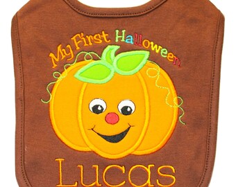 Embroidered Baby Boy First Pumpkin Bib Personalized with Baby Custom Name
