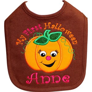 Embroidered Baby Girl First Pumpkin Bib Personalized with Baby Custom Name