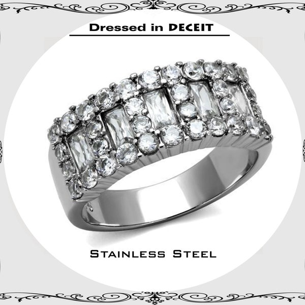 Statement Beautiful Band Pave Round CZ and Baguettes Stainless Steel Engagement Ring Bridal-Promise-Wedding Sz 5-10