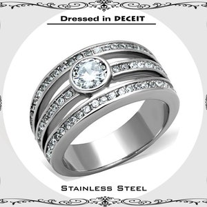 Statement  5 MM .46 Carat Round Bezel & Pave CZ Split Shank Stainless Steel  Ring Engagement Wedding Size 5-10 Free Gift Box and Organza Bag