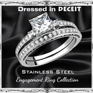 Bridal Set 6x6 mm 1.64 Carat Princess Cut Cz & Semi Eternity Band Stainless Steel Engagement-Promise-Wedding Ring Sz 5-10 Fast-Free