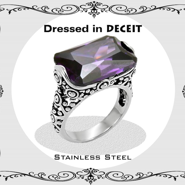 Statement Bold 2-Tone Bali Inspired 18x13 mm 12.86 Carat Rectangle Amethyst CZ  Stainless Steel  Size 5-10