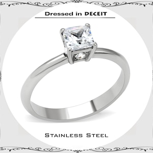 Princess Cut Solitaire 5.5 MM  .99 Carat CZ Tapered Shank Stainless Steel Engagement Ring Bridal-Wedding Size 5-10 Fast-Free Shipping