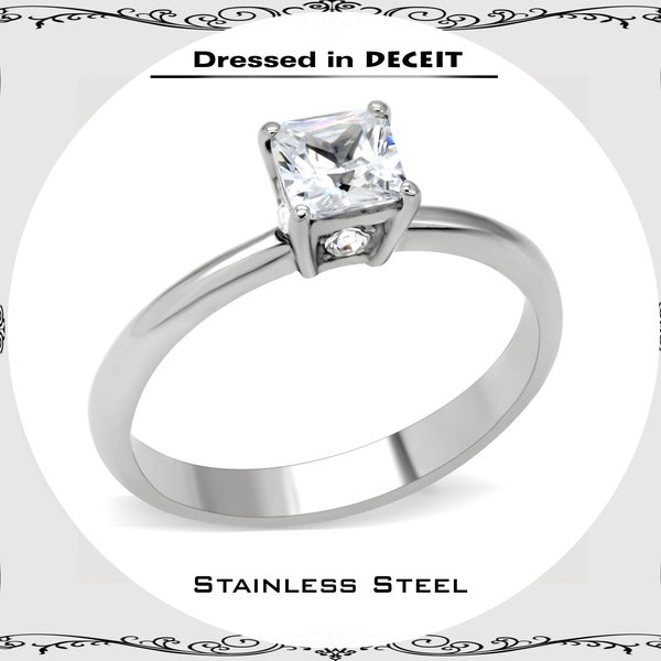 Princess Cut Solitaire 5.5 MM  .99 Carat CZ Tapered Shank Stainless Steel Engagement Ring Bridal-Promise-Wedding-Minimalist Size 5-10