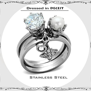 Bridal Triple Set Unique Setting 8MM 2.04 CTW CZ-6MM Faux Pearl-Charms Stainless Steel Engagement-Wedding-Anniversary-Promise-Ring Size 5-10