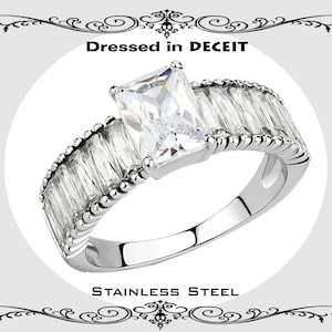 Bridal 1.74 Carat 8x6 MM Radiant Cut Plus 12 4x2 MM 1.68 Ct Baguette Accents CZ Stainless Steel Engagement-Wedding Size 5-10