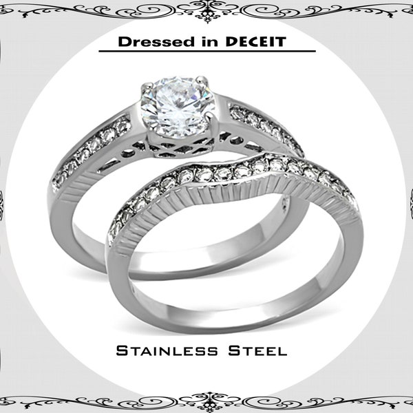 Bridal Set 6 mm .84 Carat Round Cut CZ  Pave Semi Eternity Stainless Steel Engagement-Wedding Ring Size 5-10 Free Gift Box and Organza Bag