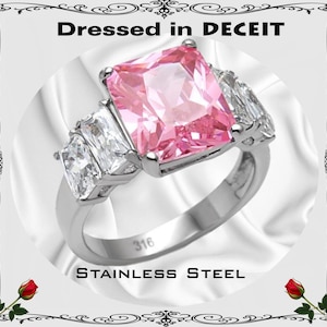 Pink Ice 12x10 6.79 Carats Radiant Cut CZ-Baguette Sides Stainless Steel Engagement Ring Promise Size 5-10  &quot;Free Gift Box&quot;