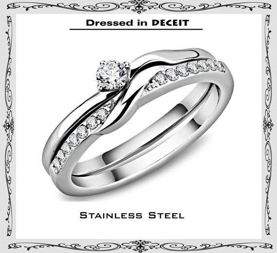 Petite Dainty Bridal Set 3mm .11 Ct Round CZ Pave Band Stainless  