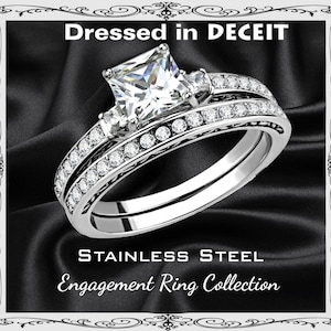 Bridal Set 6x6 mm 1.64 Carat Princess Cut Cz & Semi Eternity Band Stainless Steel Engagement-Promise-Wedding Ring Sz 5-10