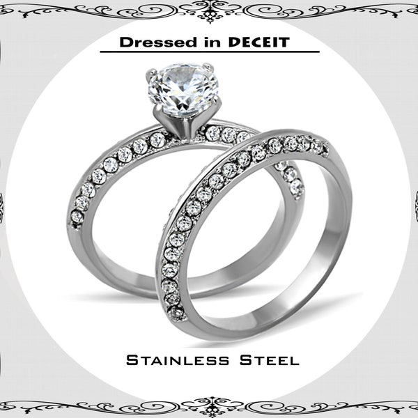 Bridal Set 6 mm .84 Carat Round Cut CZ & Knife-Edge Pave Semi Eternity Band Stainless Steel Engagement-Promise-Wedding Ring Size 5-10