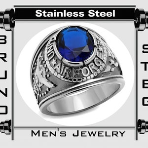 US  Air Force Men's Blue Sapphire Oval 12x10 MM CZ Modern Statement High Polished Stainless Steel Ring Size 8-14