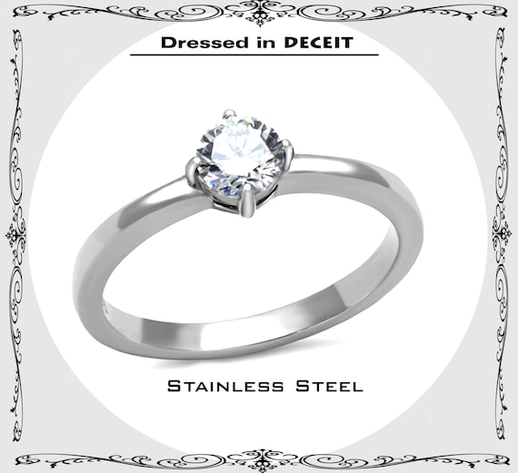 Black Stainless Steel Solitaire CZ Engagement Ring - Round Cubic Zirconia Promise Ring For Her (Sizes 5-10)