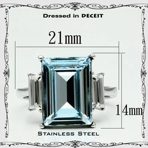 Emerald Cut 14x12 MM 11.26 Carat Light Blue Topaz Crystal & Baguettes Stainless Steel Engagement Ring Sz 5-10 Free Gift Box and Organza Bag image 4