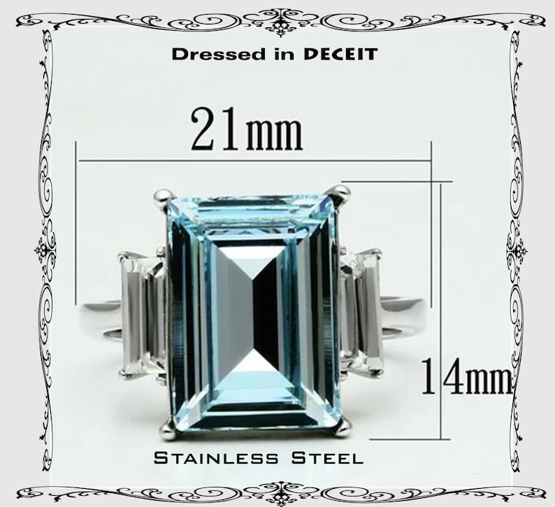 Emerald Cut 14x12 MM 11.26 Carat Light Blue Topaz Crystal & Baguettes Stainless Steel Engagement Ring Sz 5-10 Free Gift Box and Organza Bag image 4