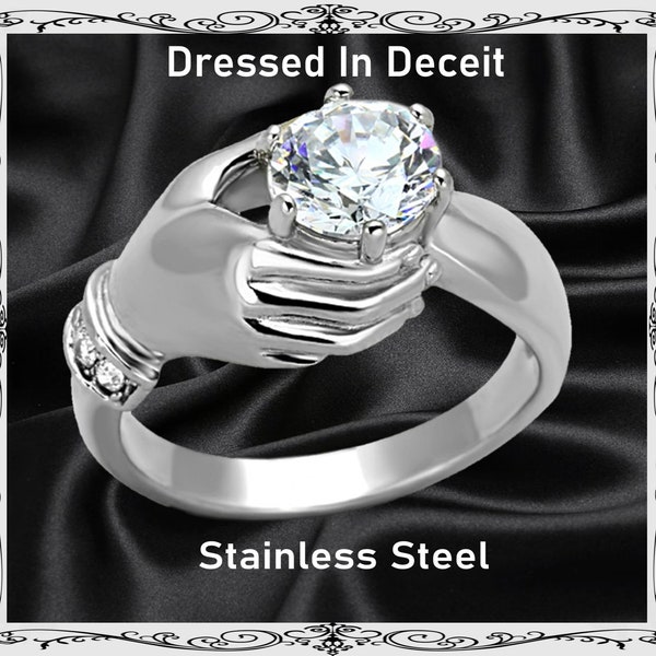 Hand Holding Diamond 7mm 1.28 Carat Round CZ & Pave Stainless Steel Ring Wedding-Bridal Size 5-10  "Free Gift Box and Organza Bag"