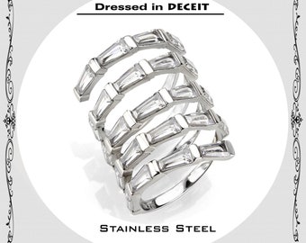 Statement Wrap Around 23 4x2x1.5 Tapered Baguettes 2.3 Carats Cubic Zirconia Stainless Steel  Ring-Cocktail- Size 5-10