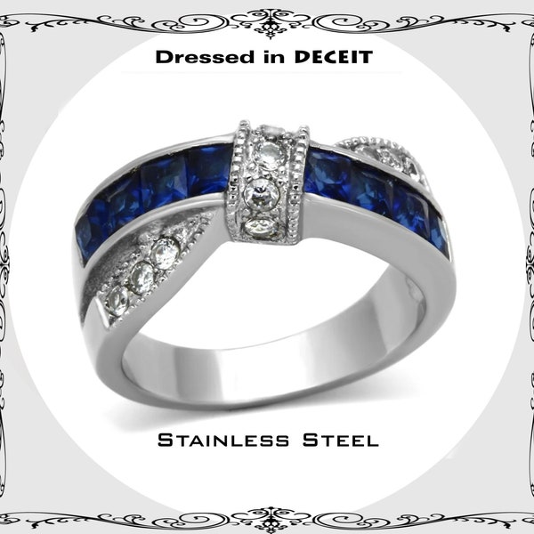Cross Over Blue Sapphire Princess Cut Channel Set and Round CZ  Stainless Steel Anniversary Promise Cocktail Size 5-9
