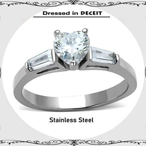 Silver Minimalist Engagement 6.6mm .98 Carat Heart Shape & Baguette CZ High Polished Stainless Steel Bridal-Promise Ring Women&#39;s Size 5-10