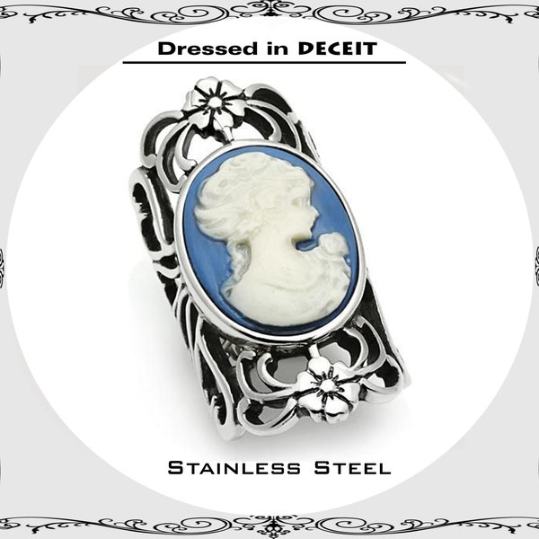 Vintage Victorian Inspired Blue-Portrait Cameo Ornate Setting Stainless Steel Ring Cocktail Sz 5-10 "Free Gift Box and Organza Bag"