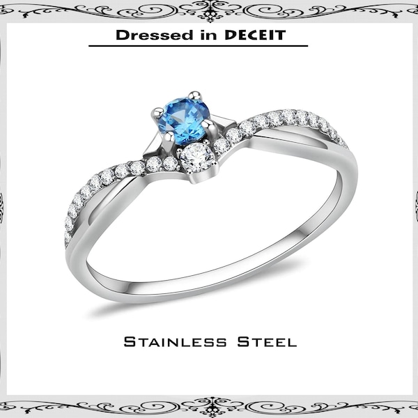 Dainty-Petite-Delicate Blue Topaz 3.5mm .17 Carat CZ Stainless Steel Engagement Ring Bridal- Sz 5-9  Free Gift Box and Organza Bag