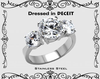 Three Stone Trellis 4.43 Carat Round Cut CZ  Stainless Steel Engagement Ring  Bridal-Promise Size 5-10