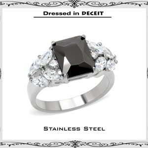 10x8mm 3.49ct Radiant Black CZ Marquise Sides Stainless Steel Cocktail Engagement Ring Bridal  Sz 5-10  &quot;Free Gift Box and Organza Bag&quot;