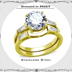 Gold Plated Stainless Steel Bridal Set Round Cut 9 MM 2.75 Carat & baguette Sides Engagement-Wedding-Promise Ring Women&#39;s Size 5-10