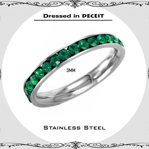 3MM Emerald Green Crystals Eternity Stacking Channel Set Stainless Steel Engagement Ring  Bridal Size 5-8 Free Gift Box & Organza Pouch