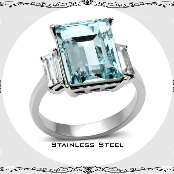 Emerald Cut 14x12 MM 11.26 Carat Light Blue Topaz Crystal & Baguettes  Stainless Steel Engagement Ring Sz 5-10 Free Gift Box and Organza Bag