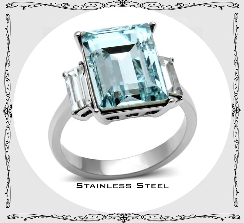 Emerald Cut 14x12 MM 11.26 Carat Light Blue Topaz Crystal & Baguettes Stainless Steel Engagement Ring Sz 5-10 Free Gift Box and Organza Bag image 1