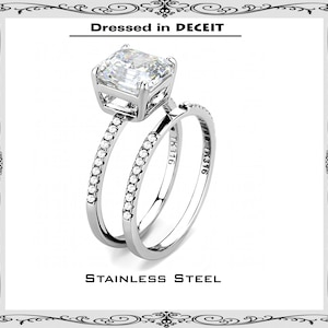 Dainty Bridal Set  8mm 3.01 Ct Asscher Cut Pave Band & Sides CZ  Stainless Steel Engagement Wedding Ring Sz 5-10 Free Gift Box-Organza Bag