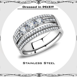 Dainty-Bridal Set 3-Stone 3-Row Pave CZ Split Shank Pave Semi Eternity Stainless Steel Engagement-Wedding-Ring Sz 5-10  Same Day Shipping