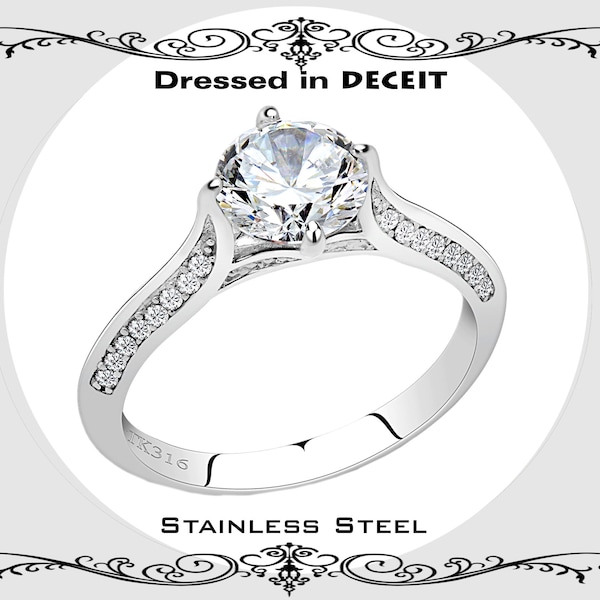 Delicately Divine  Engagement 7mm Round Cut CZ Center With Knife Edged Pave Accents Stainless Steel  Ring  Bridal-Promise-Wedding Size 5-10