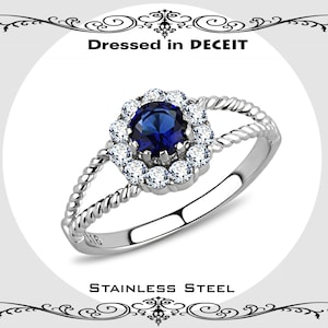Delicate Halo & Simulated 5 MM Sapphire Pave CZ  Split Shank Stainless Steel Engagement-Anniversary Bridal-Promise-Wedding Ring Size 5-10