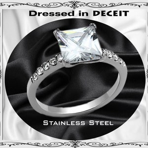 Princess Cut 8mm 3.01 Carat Pave Sides Stainless Steel Engagement Ring Promise Size 5-10  &quot;Free Gift Box and Organza Bag&quot;