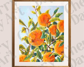May include: A framed art print featuring a vibrant painting of oranges on a branch with green leaves. The oranges are a bright orange color, and the leaves are a mix of green and yellow. The background is a light blue.