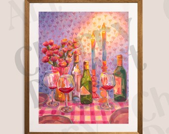 May include: A framed art print depicts a still life of a dining scene. The painting features a red and white checkered tablecloth, wine glasses filled with red wine, bottles, candles, and a vase of red flowers. The background has a floral pattern.