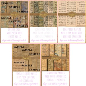 Shabby Sheet Music Bundle - Junk Journal and Scrapbook - 50 Printable Pages of Vintage Sheet Music and Various Floral and Arabesque Patterns