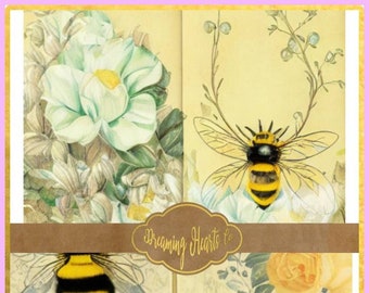Vintage Bee Journal - Printable Vintage Ephemera Featuring Bees and Flowers Collaged as Double Pages - 5 Files