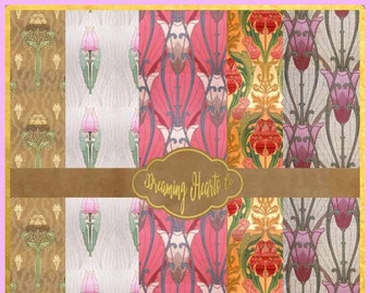 Printable Art Nouveau Tulip Papers - Vintage Wallpaper Patterns to Add Art Nouveau Style to Your Junk Journal, Scrapbook, or Papercraft