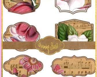 Aged Sheet Music and Botanical Labels AND Rococo Labels to add Vintage Charm to Your Junk Journal or Scrapbook