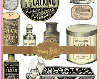 Vintage Bottles and Tins / Cosmetics and Household Products / Vintage Ephemera Pack / Collage Sheet for Your Junk Journal or Scrapbook