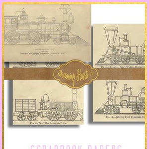 Steam Engine Locomotive Trains and Parts to  add Steampunk Edge and to Your Scrapbook, Junk Journal,  Glue Book, Collage /6 Printable Pages