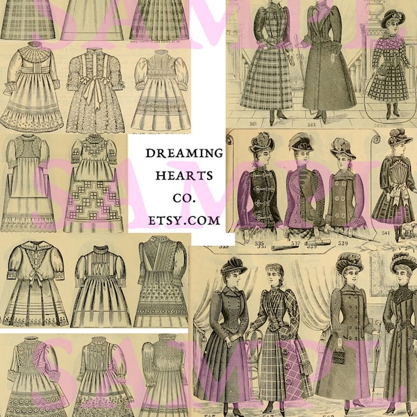 Vintage Victorian Ladies' Fashion Printable Ephemera with Period Dresses, Hats, Corsets / 6 Page Collage Sheet Set / Junk Journal, Scrapbook