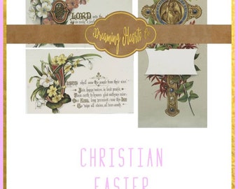 Printable Christian Easter Ephemera - Vintage Illustrations Prayers with Botanicals - Junk Journal Collage Sheets with Spring Flowers