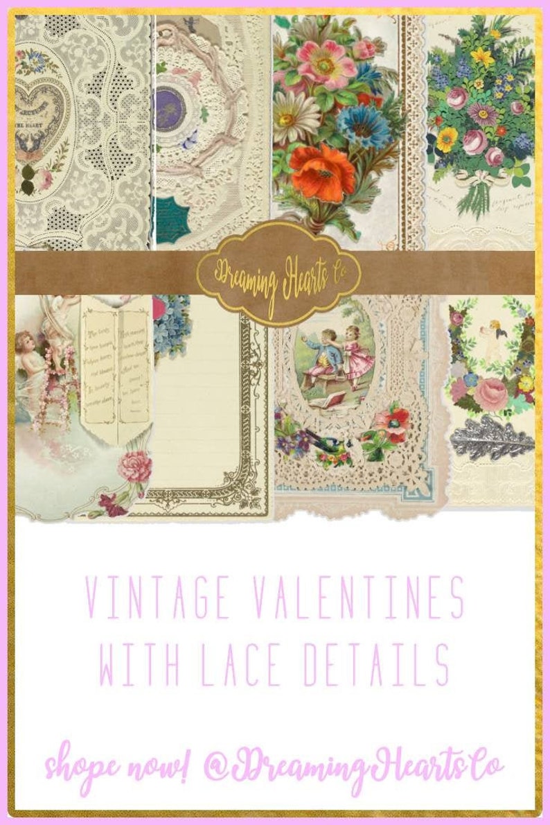 Vintage Valentinstag Grußkarten / Postkarten mit Spitzendetail für Ihr Junk Journal, Scrapbook, handgemachte Grußkarte oder jede Papercraft Bild 1