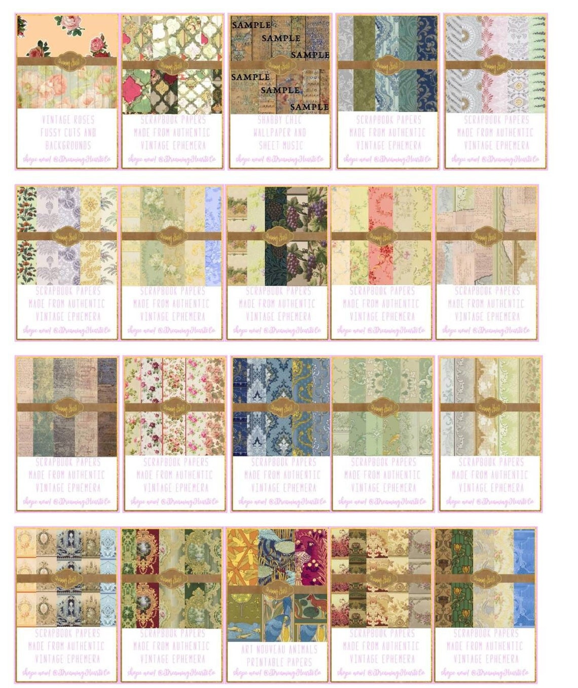 Printable Paper Scrapbook Paper Vintage Pattern Paper Mega Bundle of 20 Sets of Printable ...