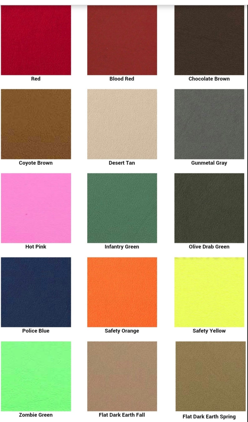 Puede incluir: Una tabla que muestra 15 muestras de tela de diferentes colores. Los colores son: Rojo, Rojo sangre, Marr&oacute;n chocolate, Marr&oacute;n coyote, Beige desierto, Gris metalizado, Rosa fuerte, Verde militar, Verde oliva, Azul polic&iacute;a, Naranja de seguridad, Amarillo de seguridad, Verde zombie, Tierra oscura mate oto&ntilde;o, y Tierra oscura mate primavera.